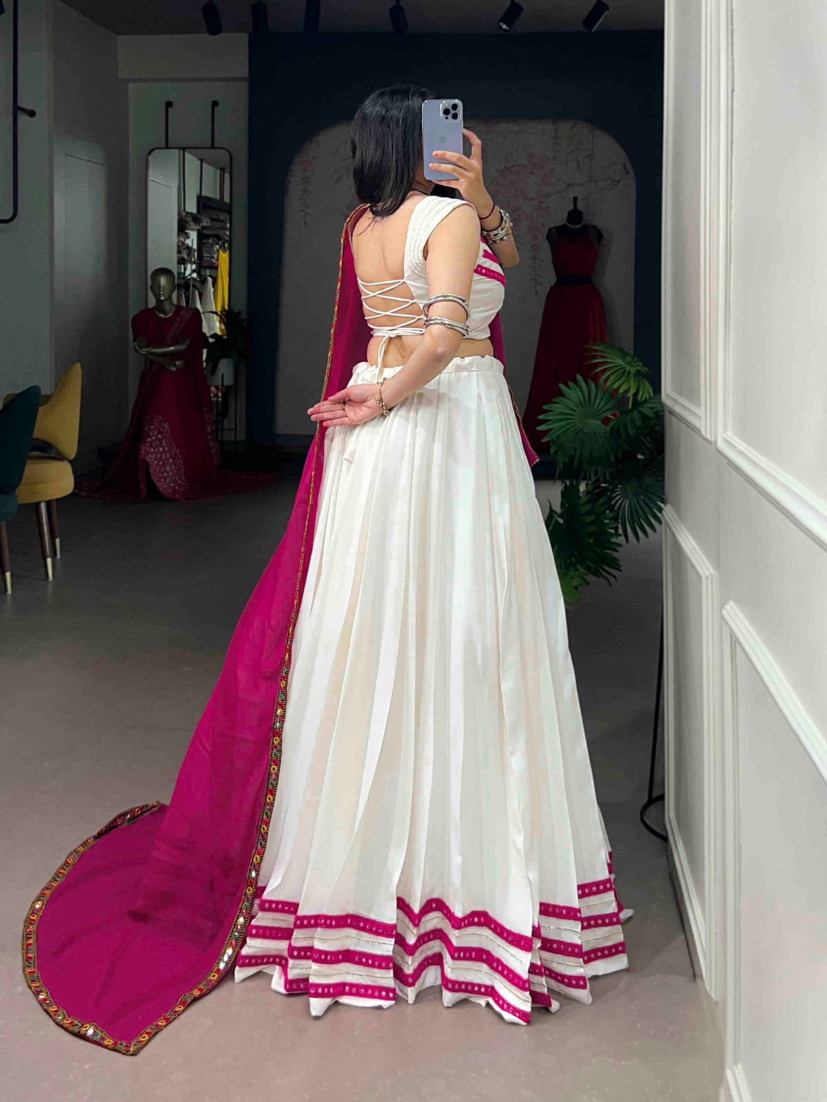 White Pure Rayon Cotton Silk Gamthi Lace Work Chaniya Choli