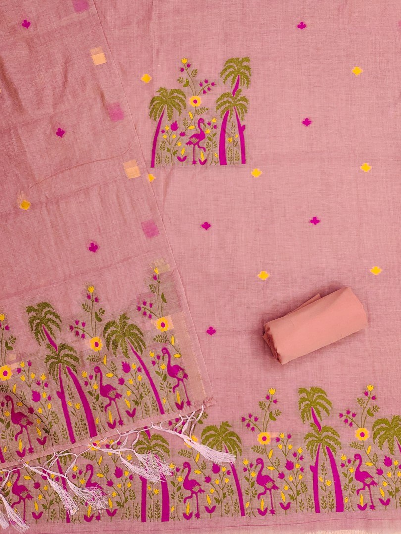 Pink Pure Muga Cotton 3 PC Jamdani Lagdi Patta Weaving Salwar Suit