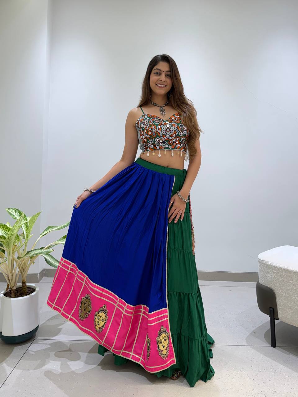 Navy Blue Pure Rayon Cotton Traditional Gamthi Work Work Navratri Lehenga Choli