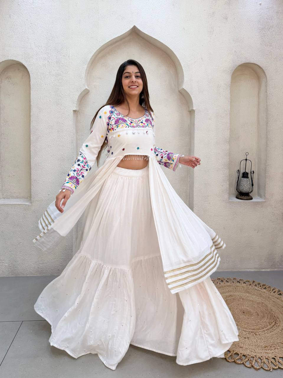 White Pure Rayon Cotton Traditional Real Mirror Gamthi Work Navratri Lehenga Choli