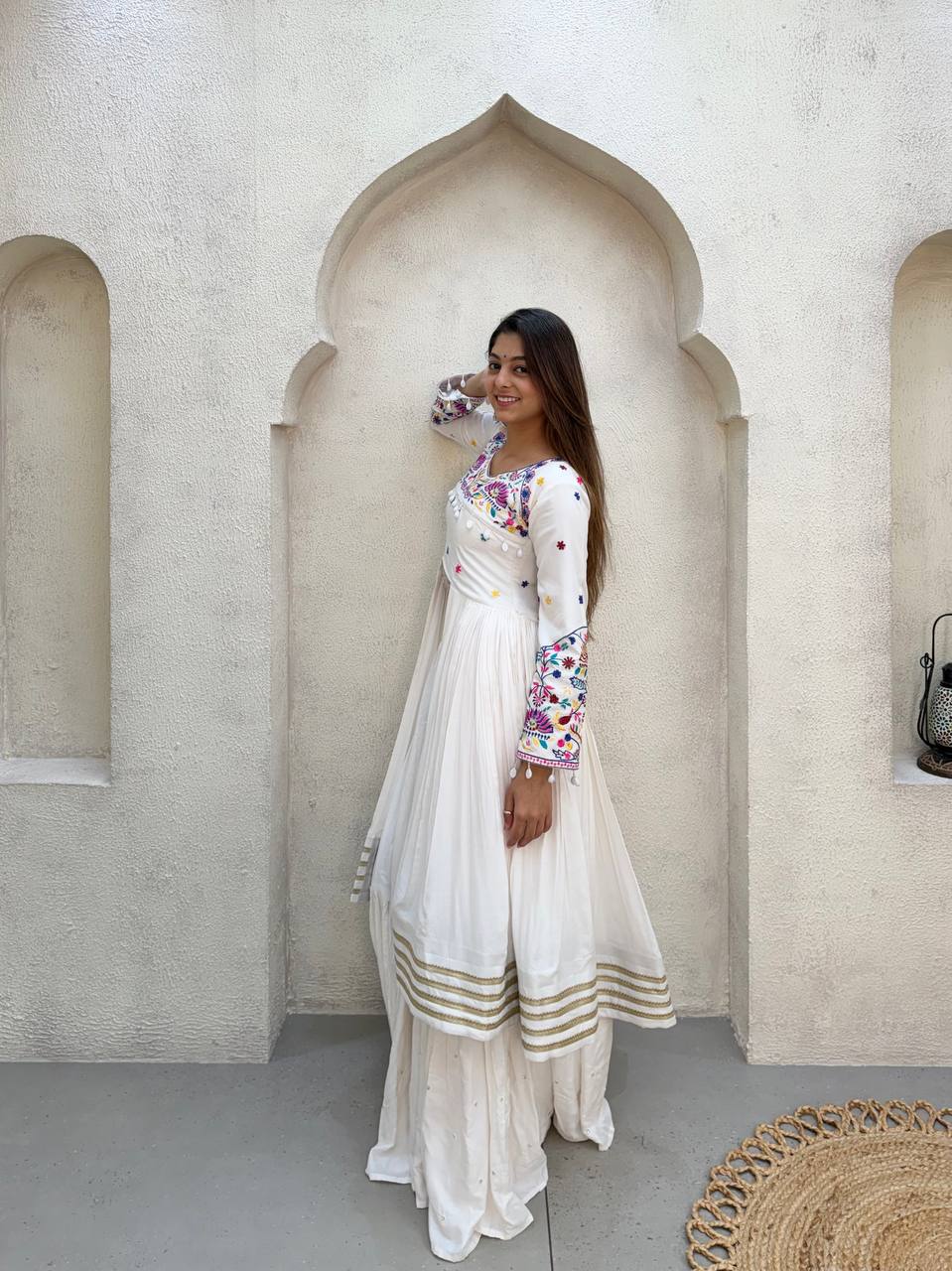 White Pure Rayon Cotton Traditional Real Mirror Gamthi Work Navratri Lehenga Choli