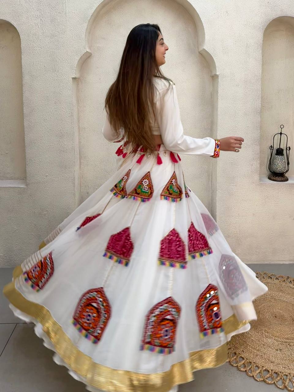 White Pure Rayon Cotton Traditional Real Mirror Gamthi Work Navratri Lehenga Choli