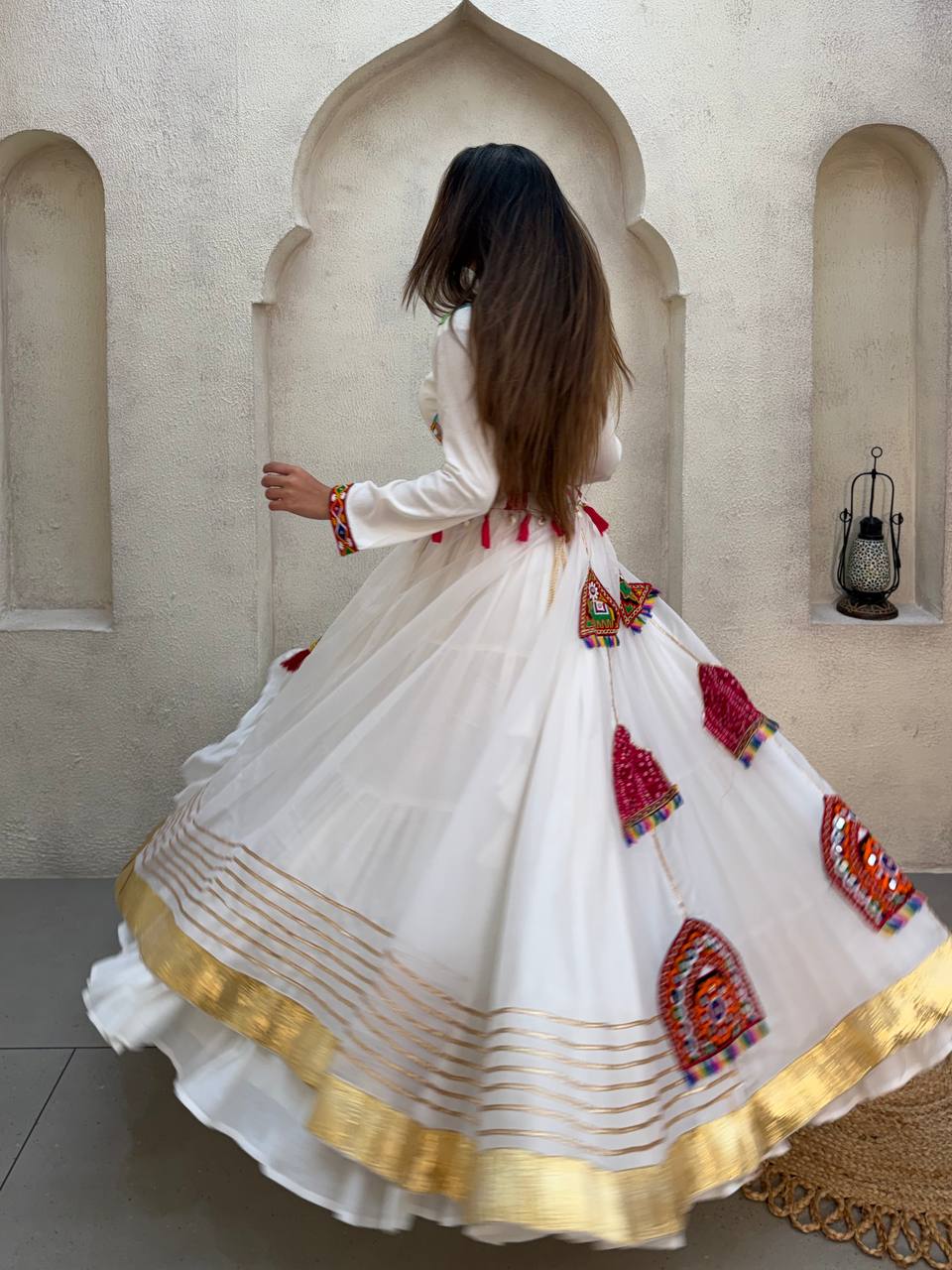 White Pure Rayon Cotton Traditional Real Mirror Gamthi Work Navratri Lehenga Choli