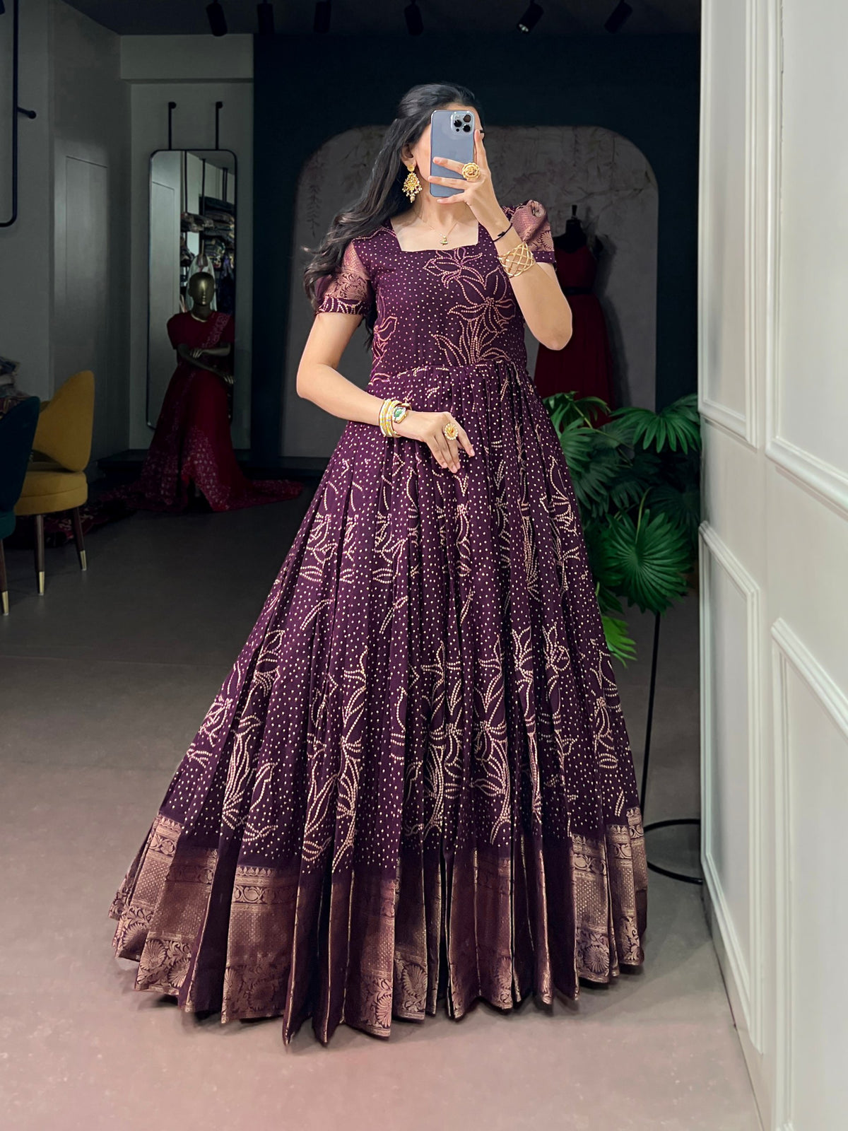 Purple Pure Crafted in Elegant Kota Checks Anarkali Long Gown