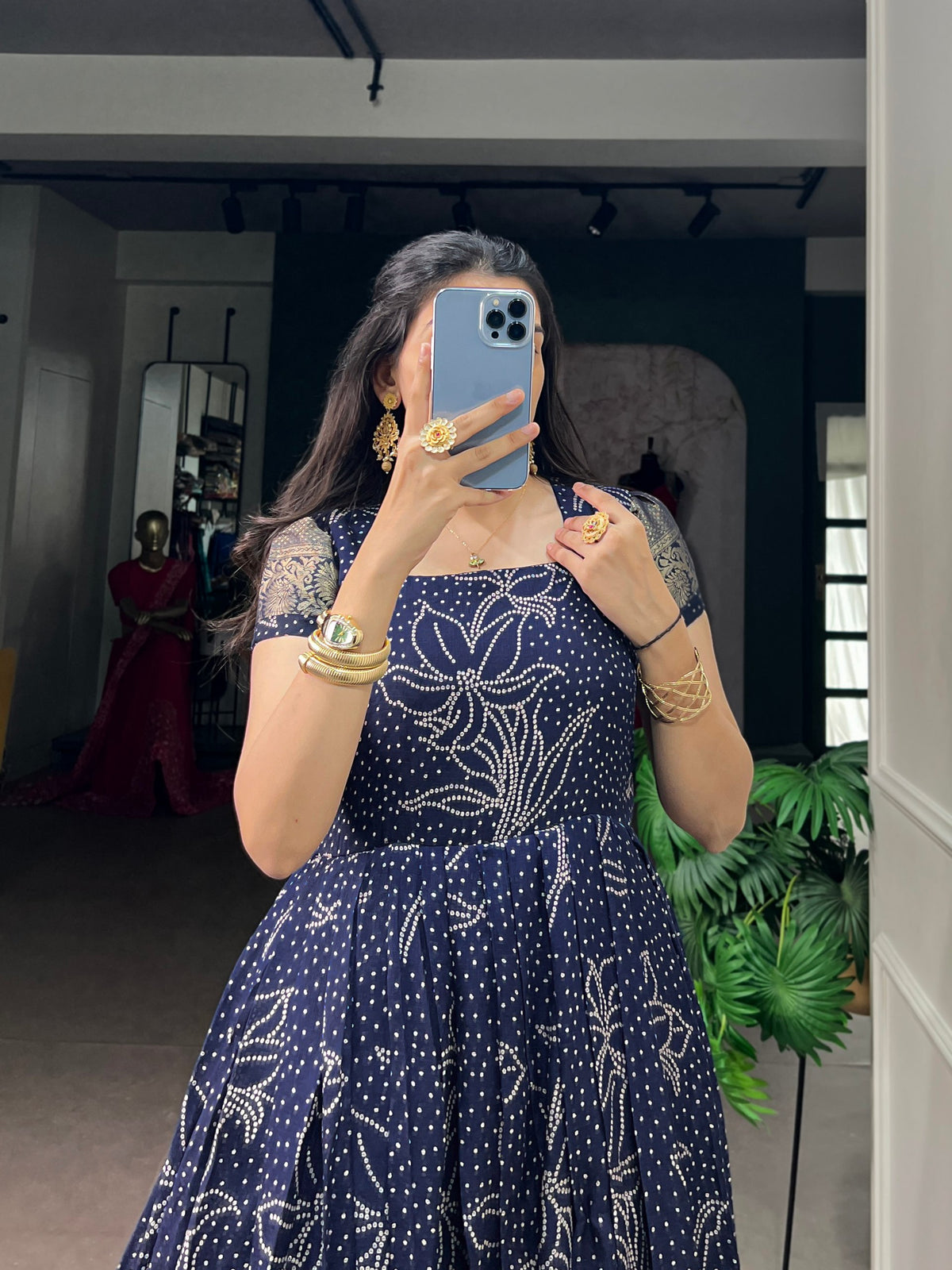 Blue Pure Crafted in Elegant Kota Checks Anarkali Long Gown