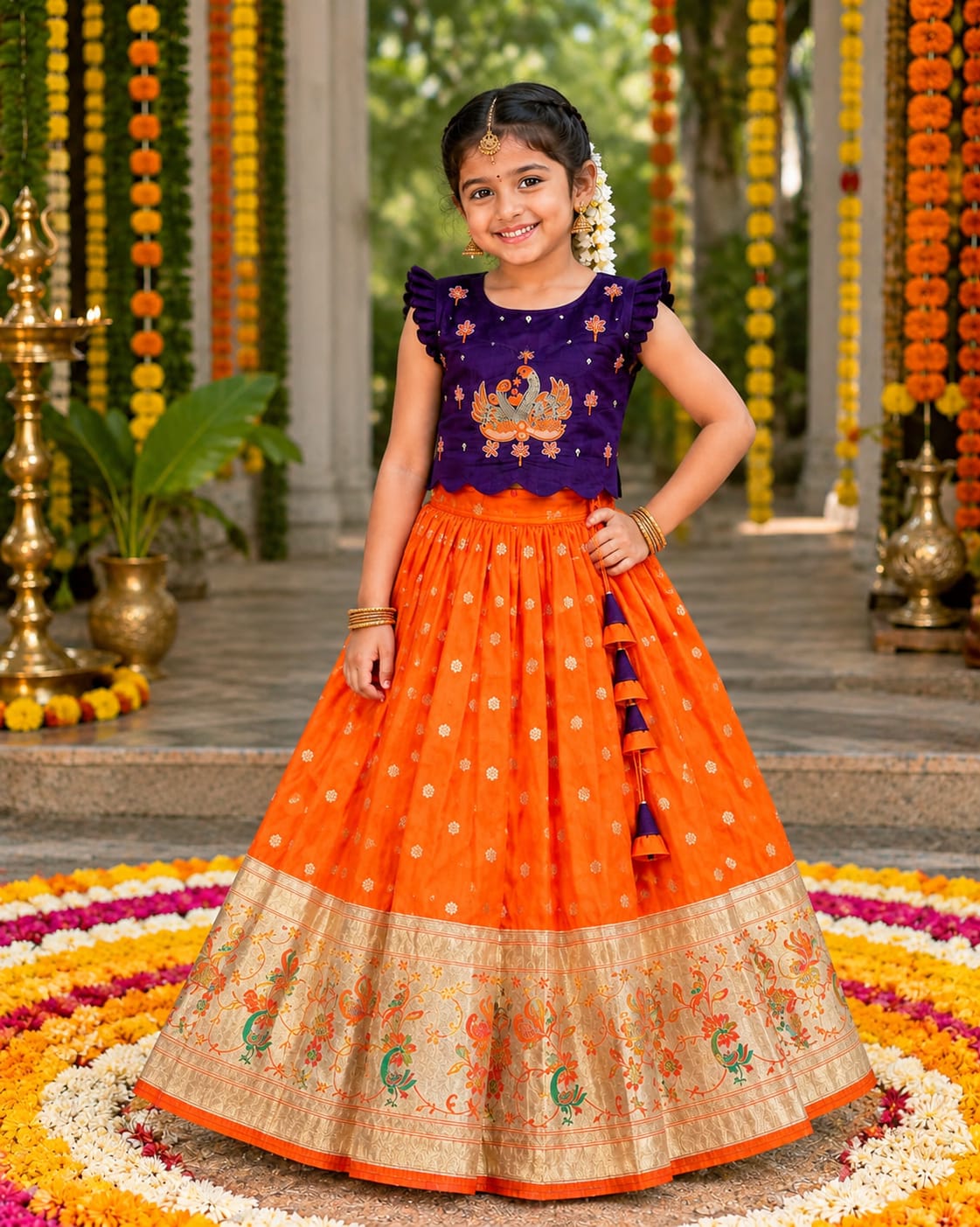 Blue & Orange Pure Rich Silk Maggam Work Kid&