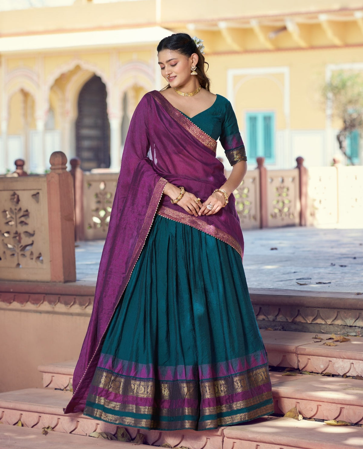 Teal Blue Pure Poly Dyeable with Zari Woven Border Work South Indian Lehenga Choli