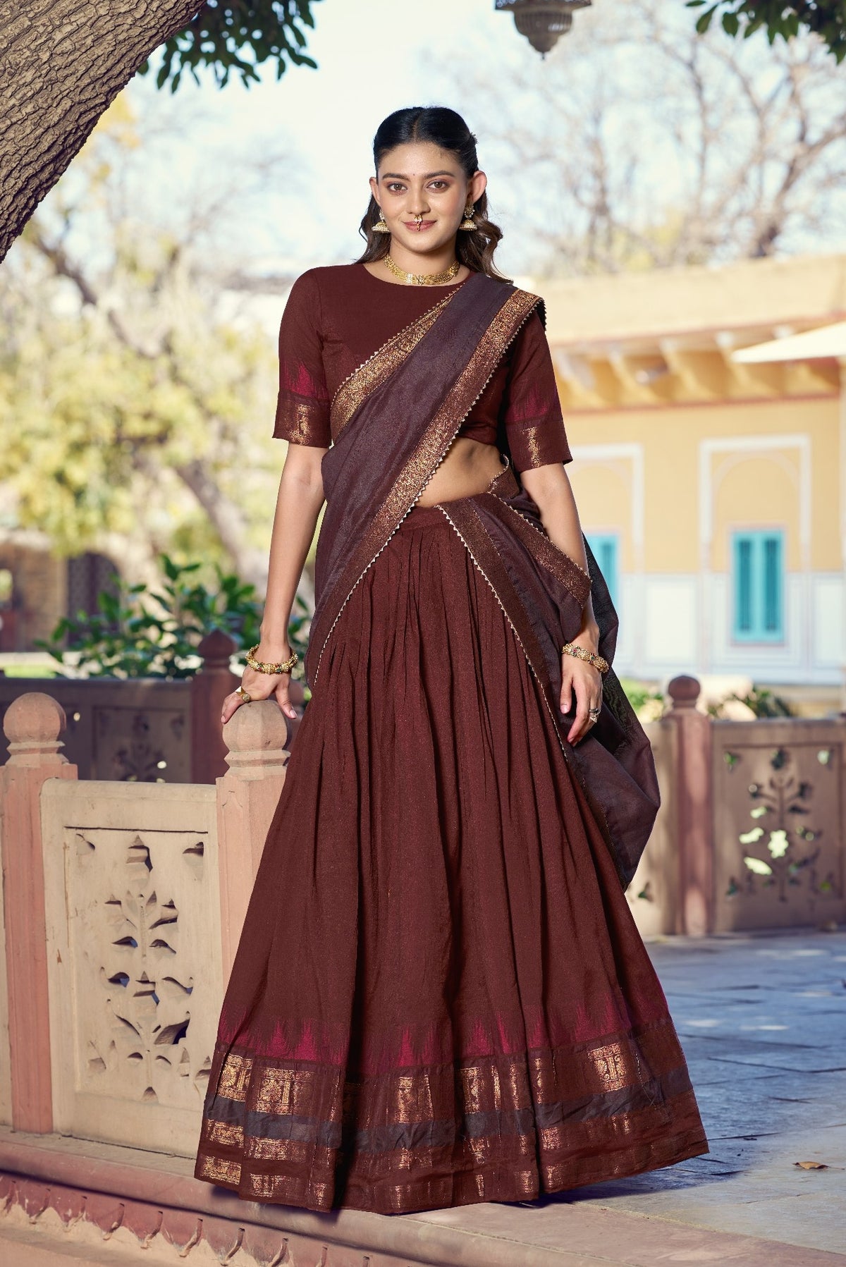 Maroon Pure Poly Dyeable with Zari Woven Border Work South Indian Lehenga Choli