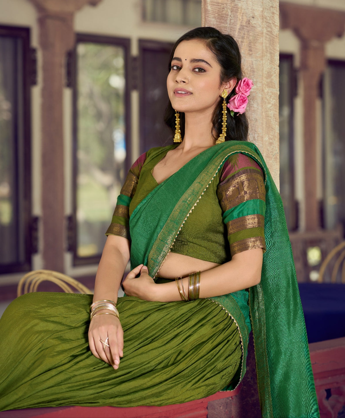 Parrot Pure Poly Dyeable with Zari Woven Border Work South Indian Lehenga Choli
