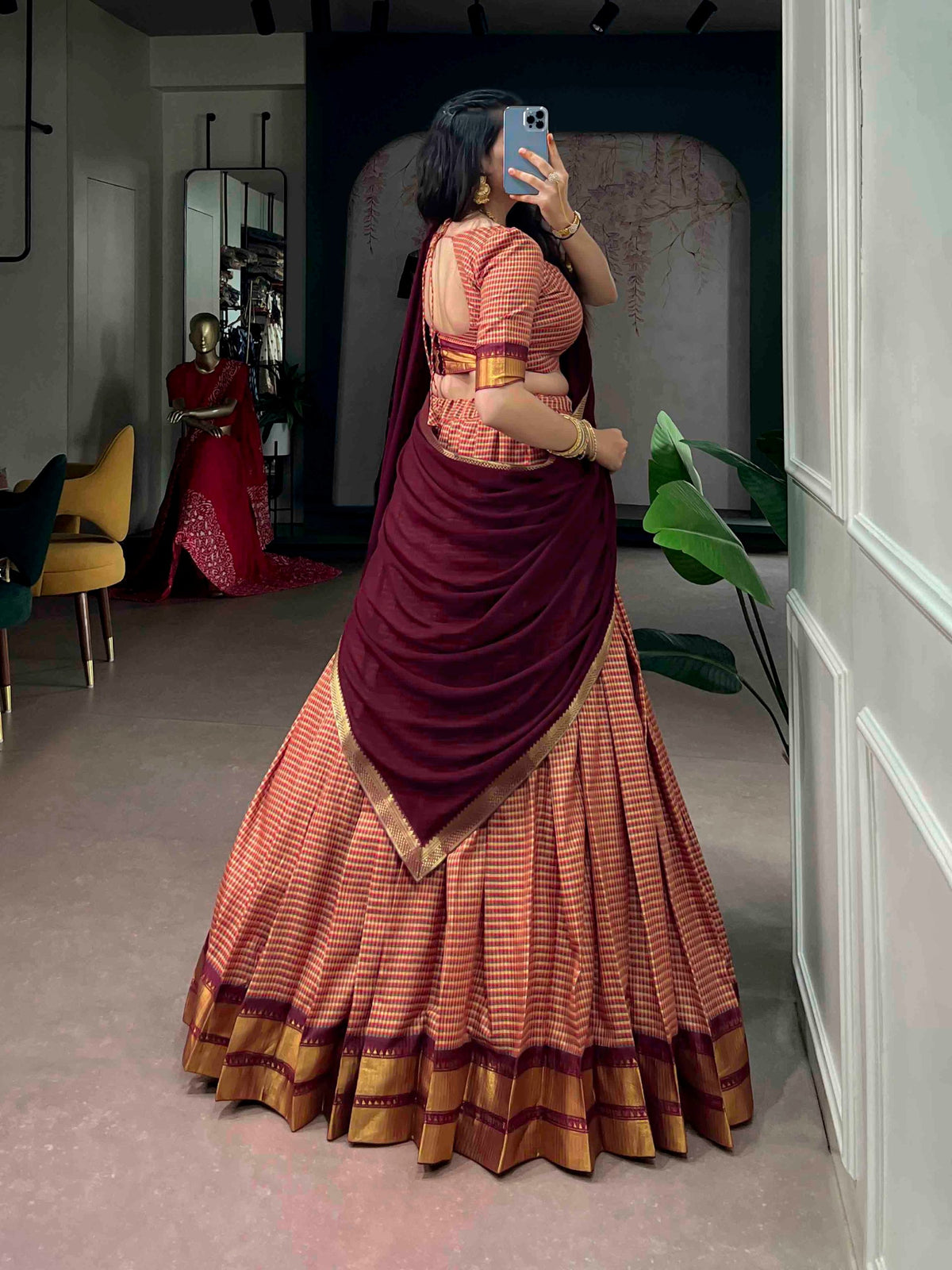 Maroon Pure Poly Dyeable with Zari Woven Border Work South Indian Lehenga Choli