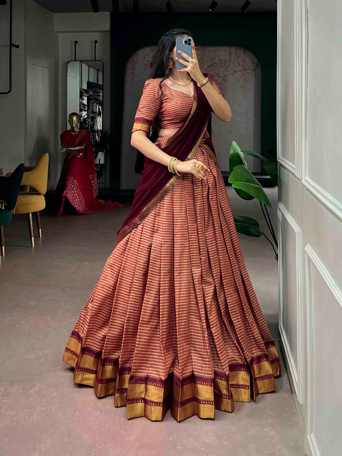 Maroon Pure Poly Dyeable with Zari Woven Border Work South Indian Lehenga Choli