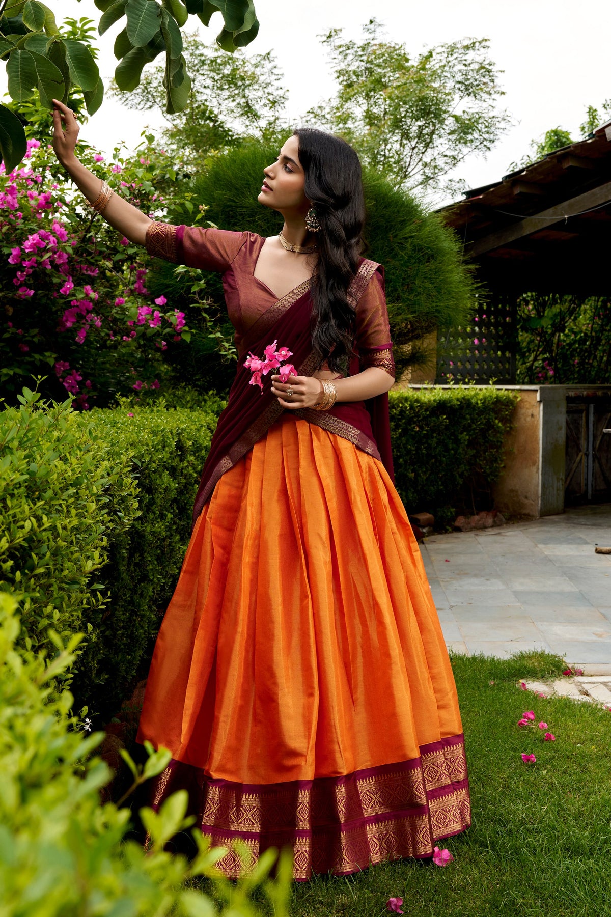 Orange Pure Kanchipuram Exquisite Zari Weaving Work South Indian Lehenga Choli