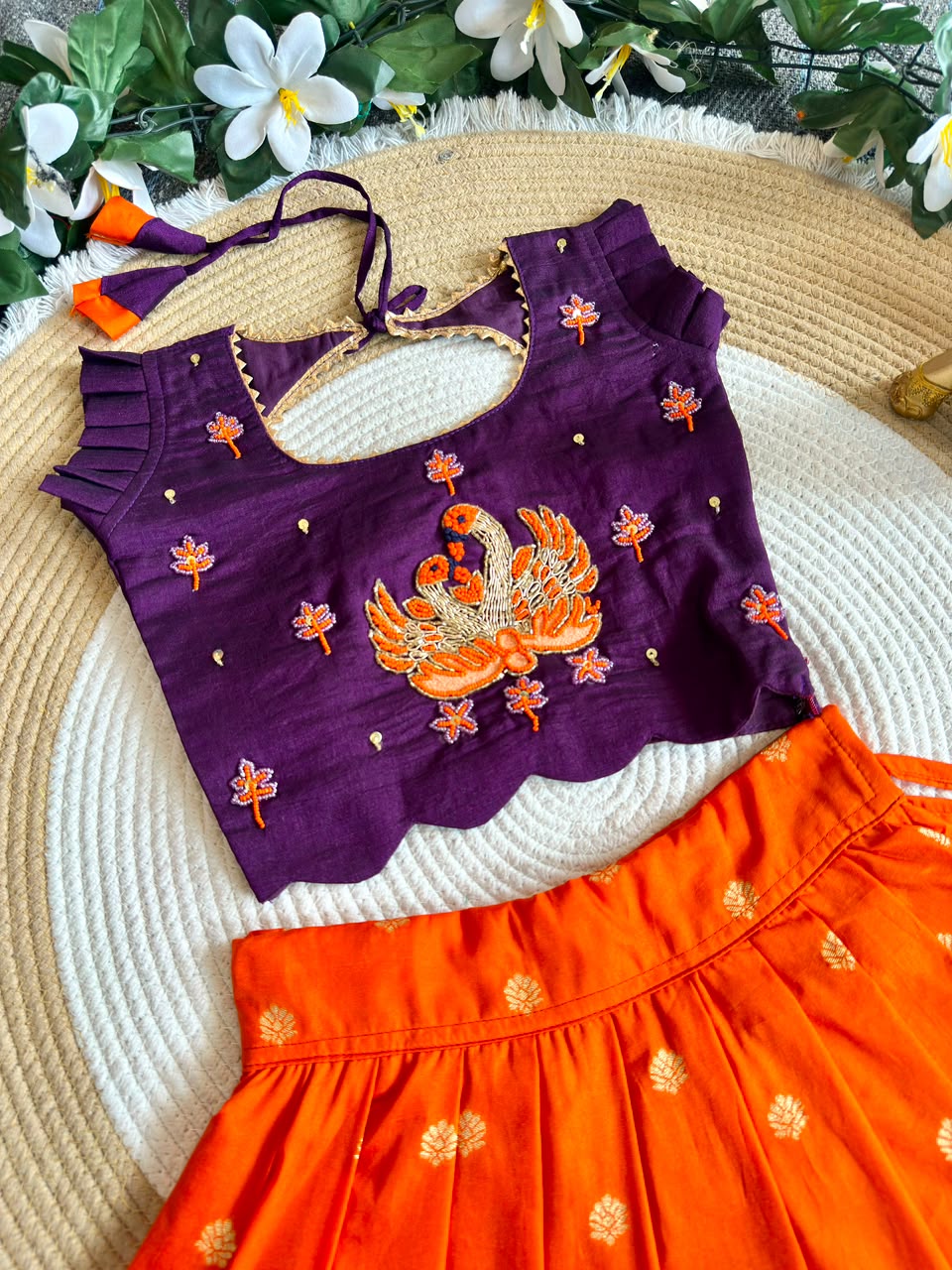Blue & Orange Pure Rich Silk Maggam Work Kid&