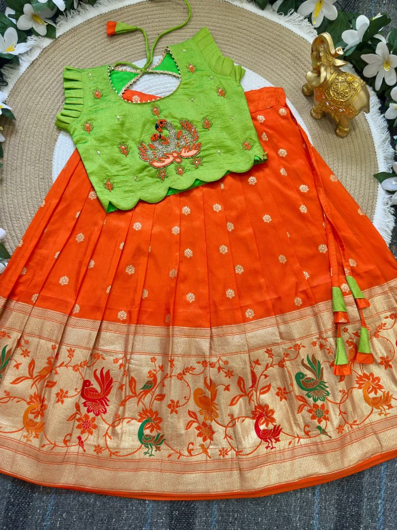 Parrot Orange Pure Rich Silk Maggam Work Kid&