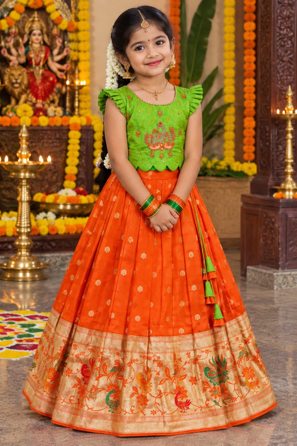 Parrot Orange Pure Rich Silk Maggam Work Kid&