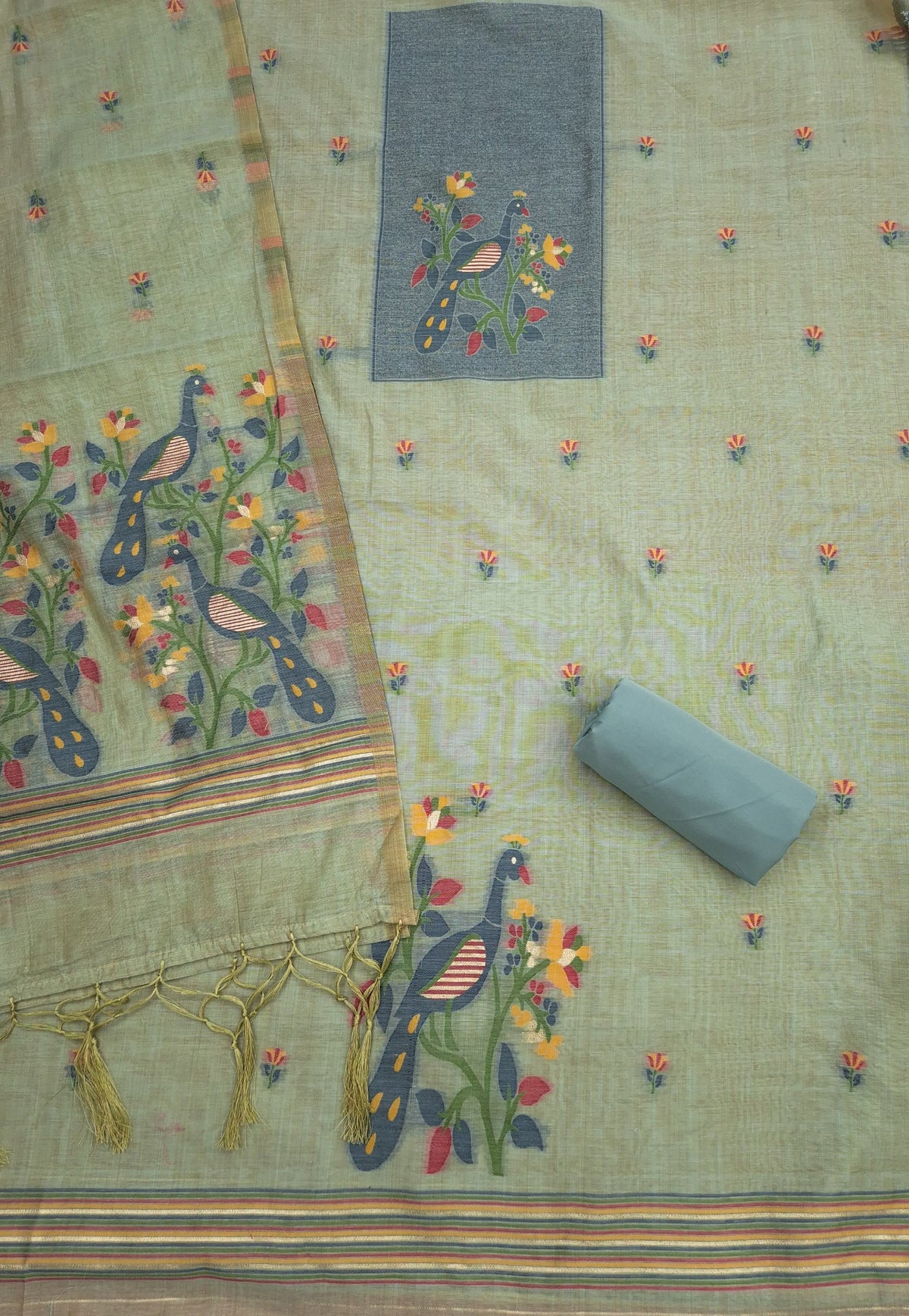 Green Pure Muga Cotton 3 PC Jamdani Lagdi Patta Weaving Salwar Suit