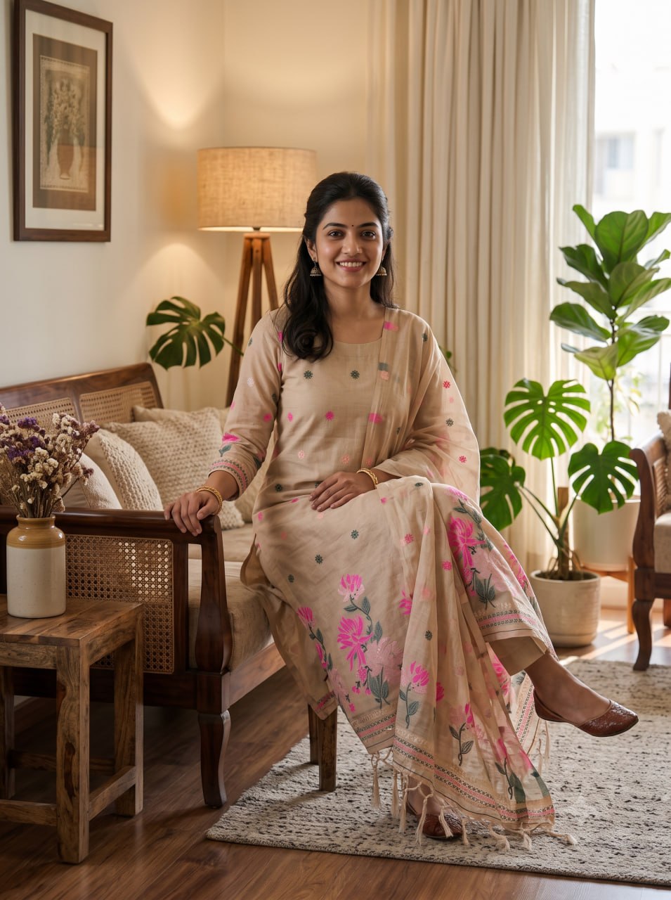 Beige Pure Muga Cotton 3 PC Jamdani Lagdi Patta Weaving Salwar Suit