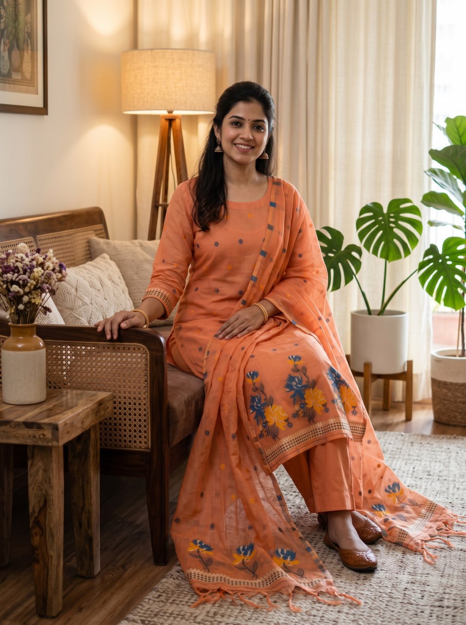 Orange Pure Muga Cotton 3 PC Jamdani Lagdi Patta Weaving Salwar Suit