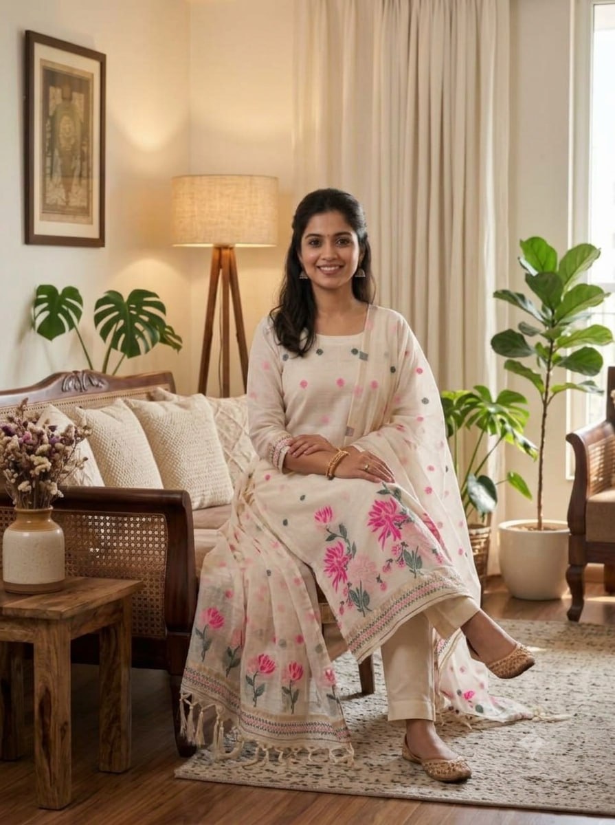 White Pure Muga Cotton 3 PC Jamdani Lagdi Patta Weaving Salwar Suit