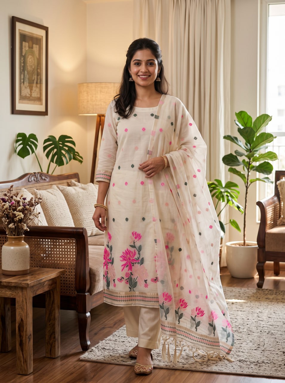 White Pure Muga Cotton 3 PC Jamdani Lagdi Patta Weaving Salwar Suit