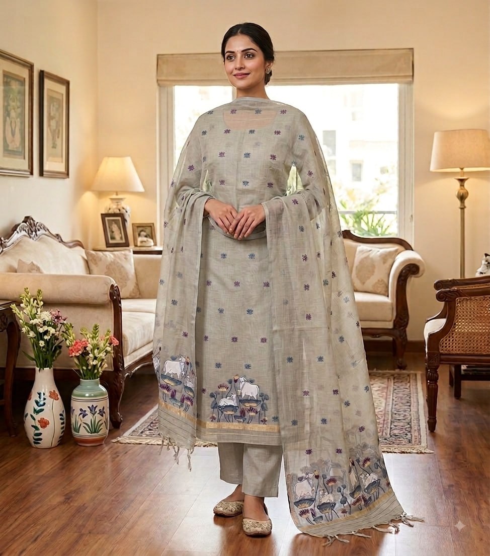 Grey Pure Muga Cotton 3 PC Jamdani Lagdi Patta Weaving Salwar Suit