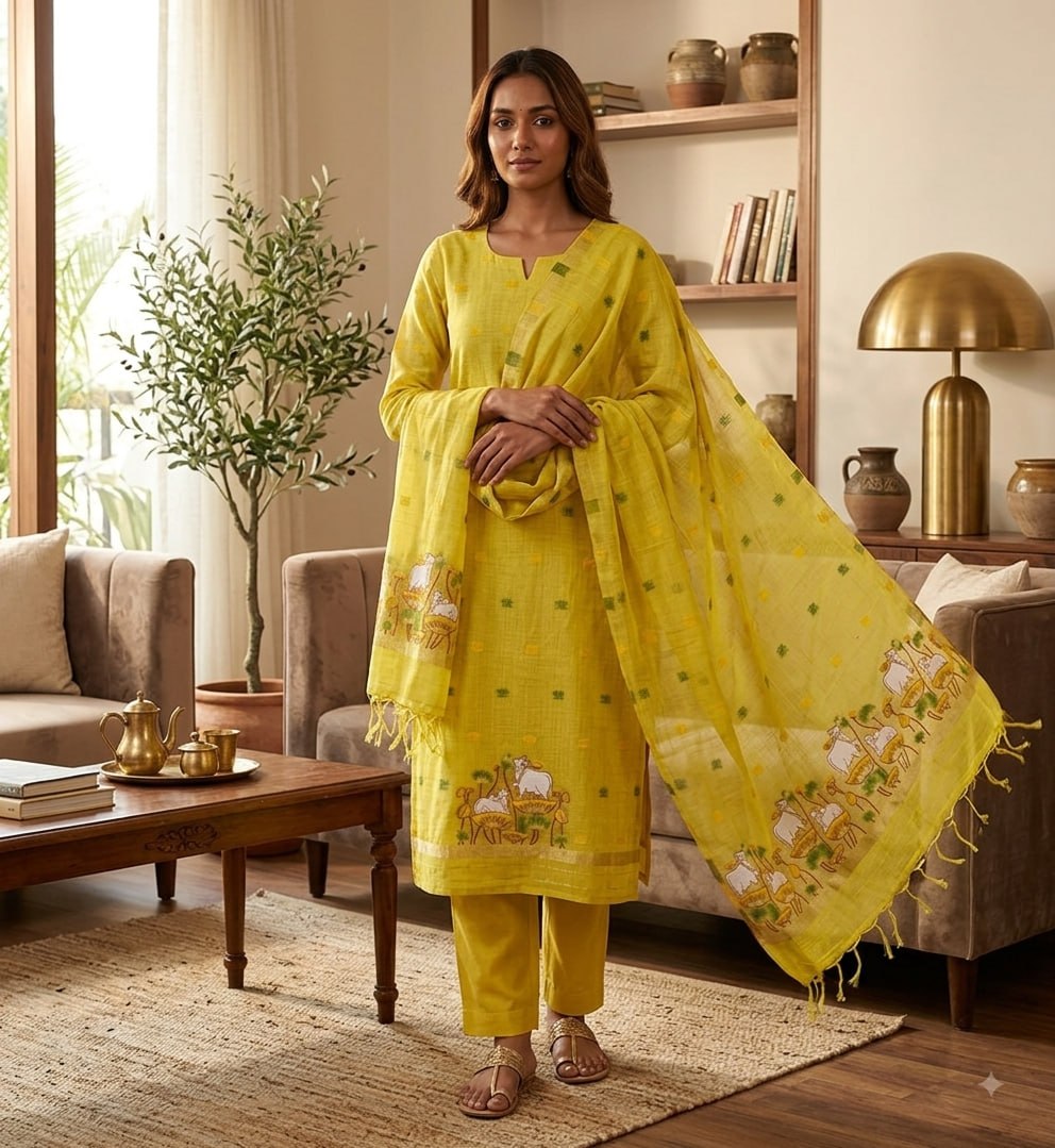 Yellow Pure Muga Cotton 3 PC Jamdani Lagdi Patta Weaving Salwar Suit
