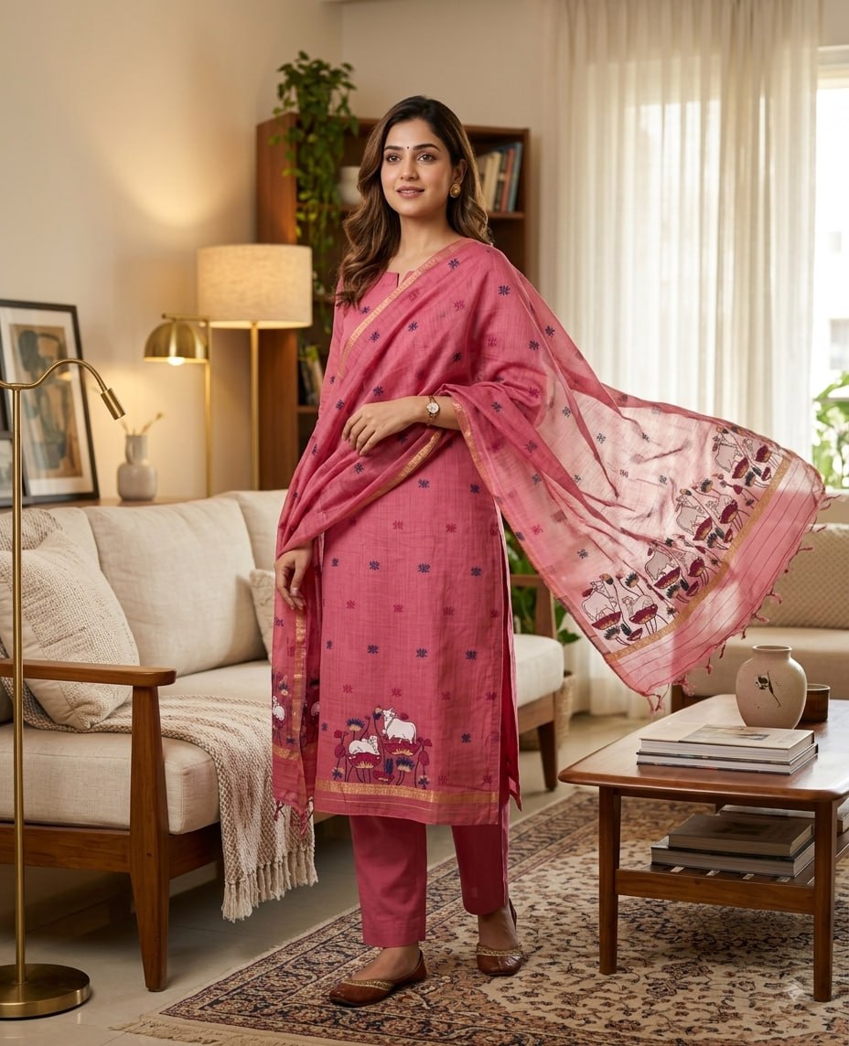 Pink Pure Muga Cotton 3 PC Jamdani Lagdi Patta Weaving Salwar Suit