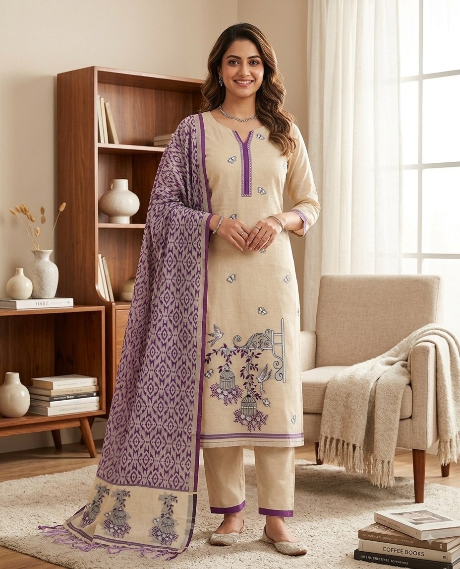 Purple Pure Muga Cotton 3 PC Jamdani Lagdi Patta Weaving Salwar Suit