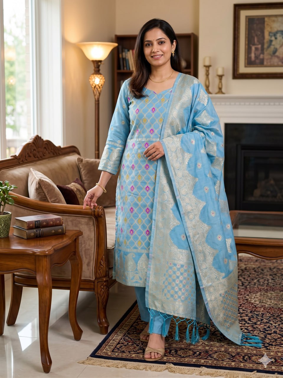 Sky Blue Pure Chanderi Banarasi Silk Weaving Salwar Suit