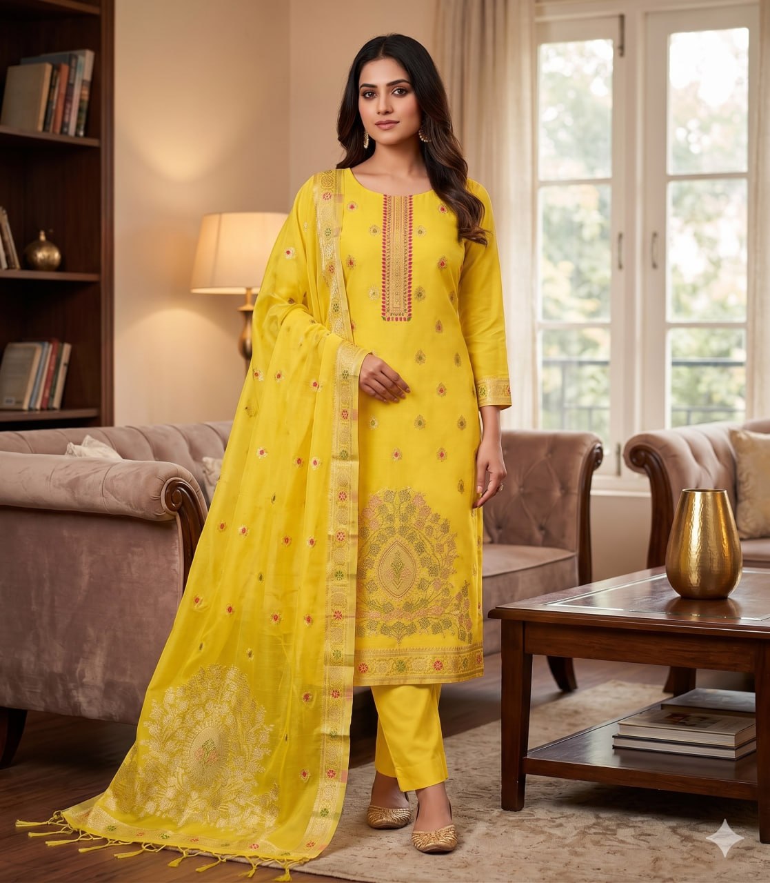 Yellow Pure Chanderi Banarasi Silk Weaving Salwar Suit