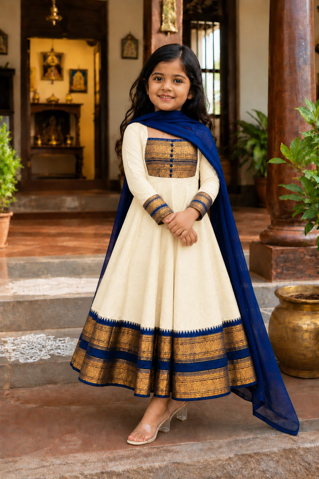 Cream Pure Heavy Georgette Elegant Jacquard Border kid&