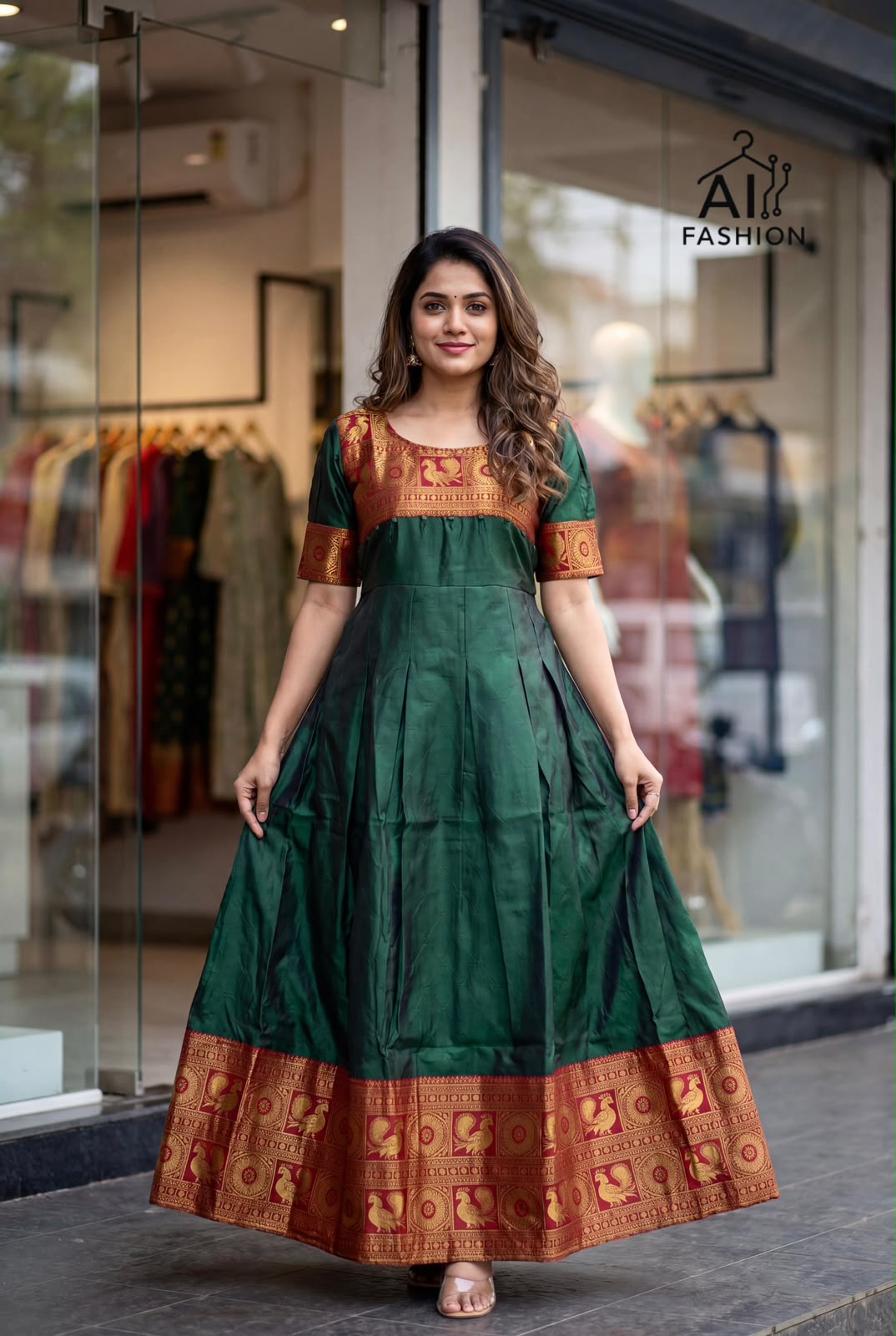 Green Pure Heavy Lichi Silk Jequard With Inner Anarkali Long Gown