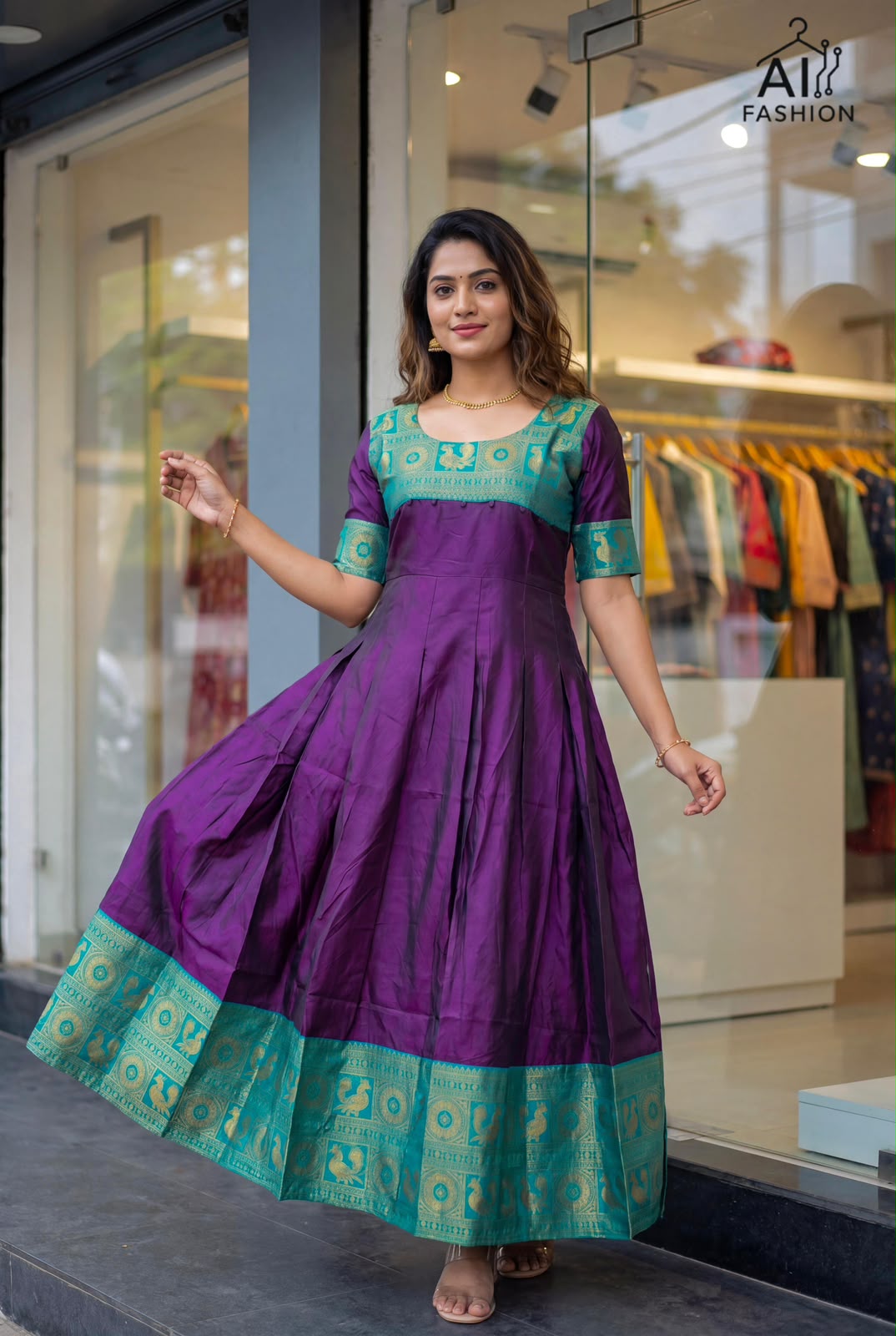 Purple Pure Heavy Lichi Silk Jequard With Inner Anarkali Long Gown
