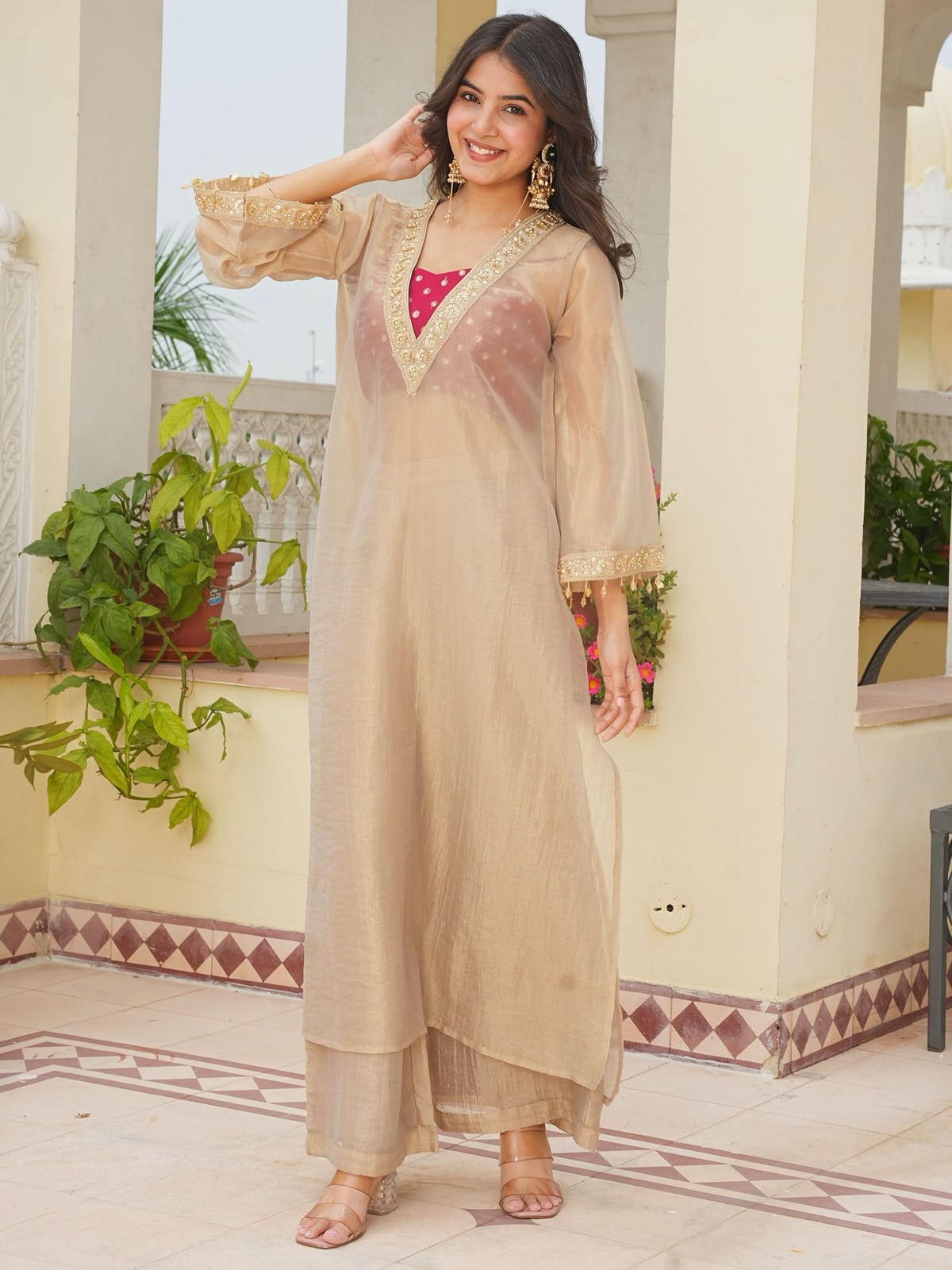 Golden Pure Soft Tissue Embroidery Coding Sequins Patch Work Salwar Suit