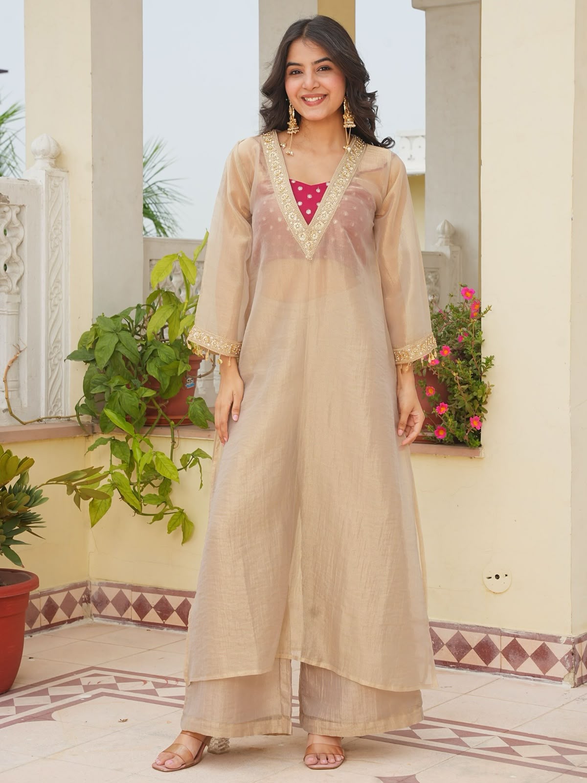 Golden Pure Soft Tissue Embroidery Coding Sequins Patch Work Salwar Suit