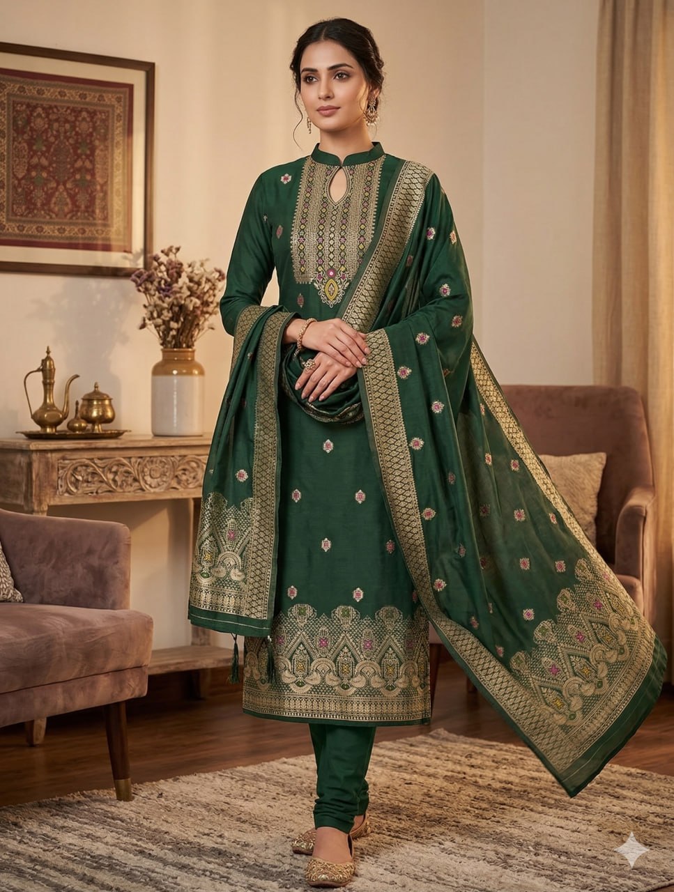 Green Pure Chanderi Banarasi Silk Weaving Salwar Suit