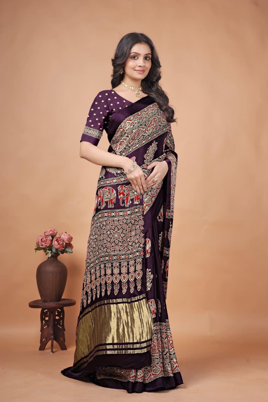 Maroon Pure Gajji Bandhej Ajrakh Print Saree
