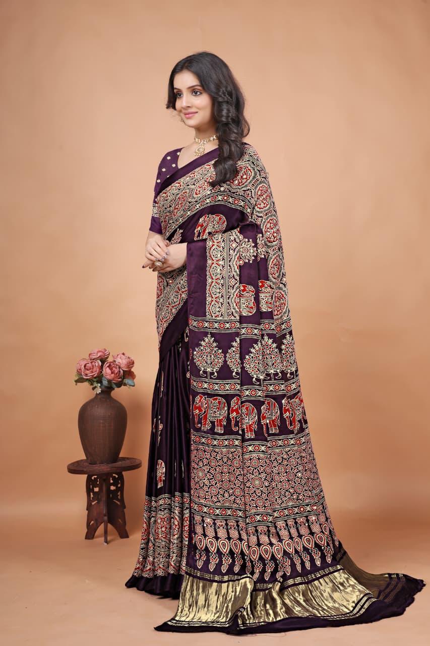 Maroon Pure Gajji Bandhej Ajrakh Print Saree