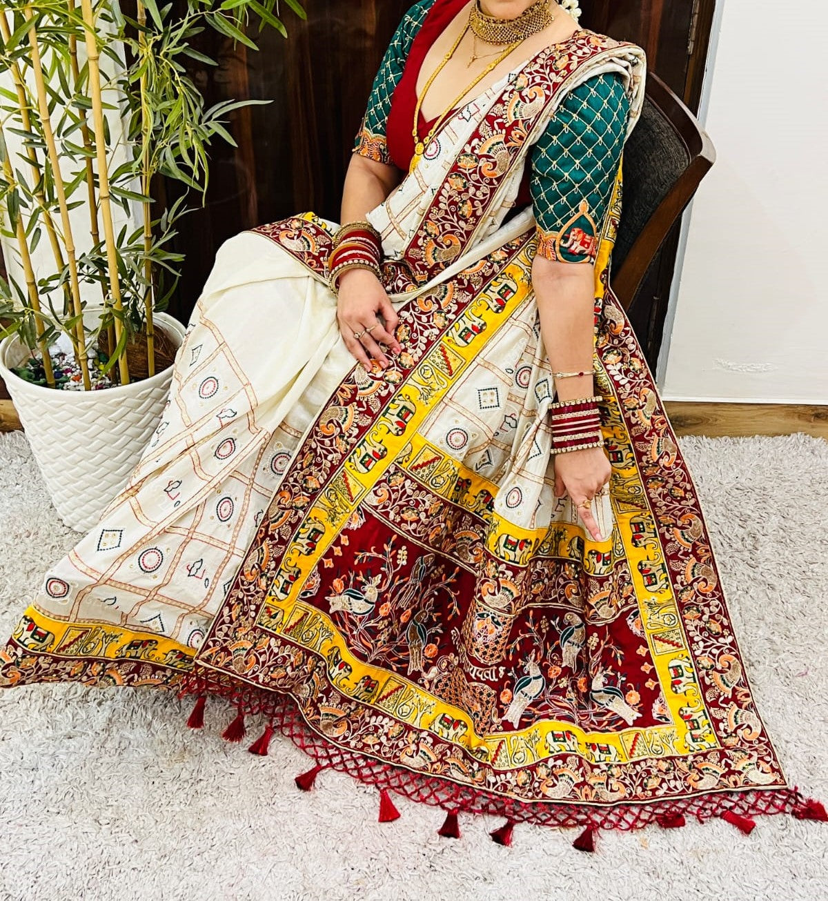 White Pure Soft Silk Heavy Embroidery Diamond Work Gharchola Panetar Saree