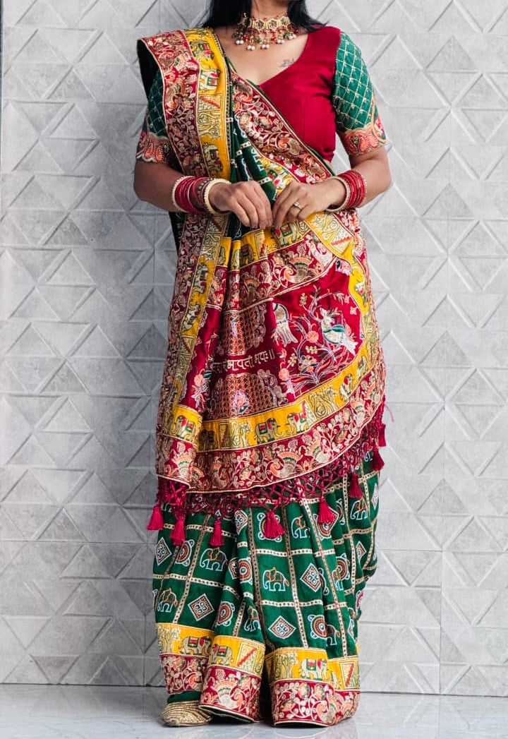 Green Pure Soft Silk Heavy Embroidery Diamond Work Gharchola Panetar Saree