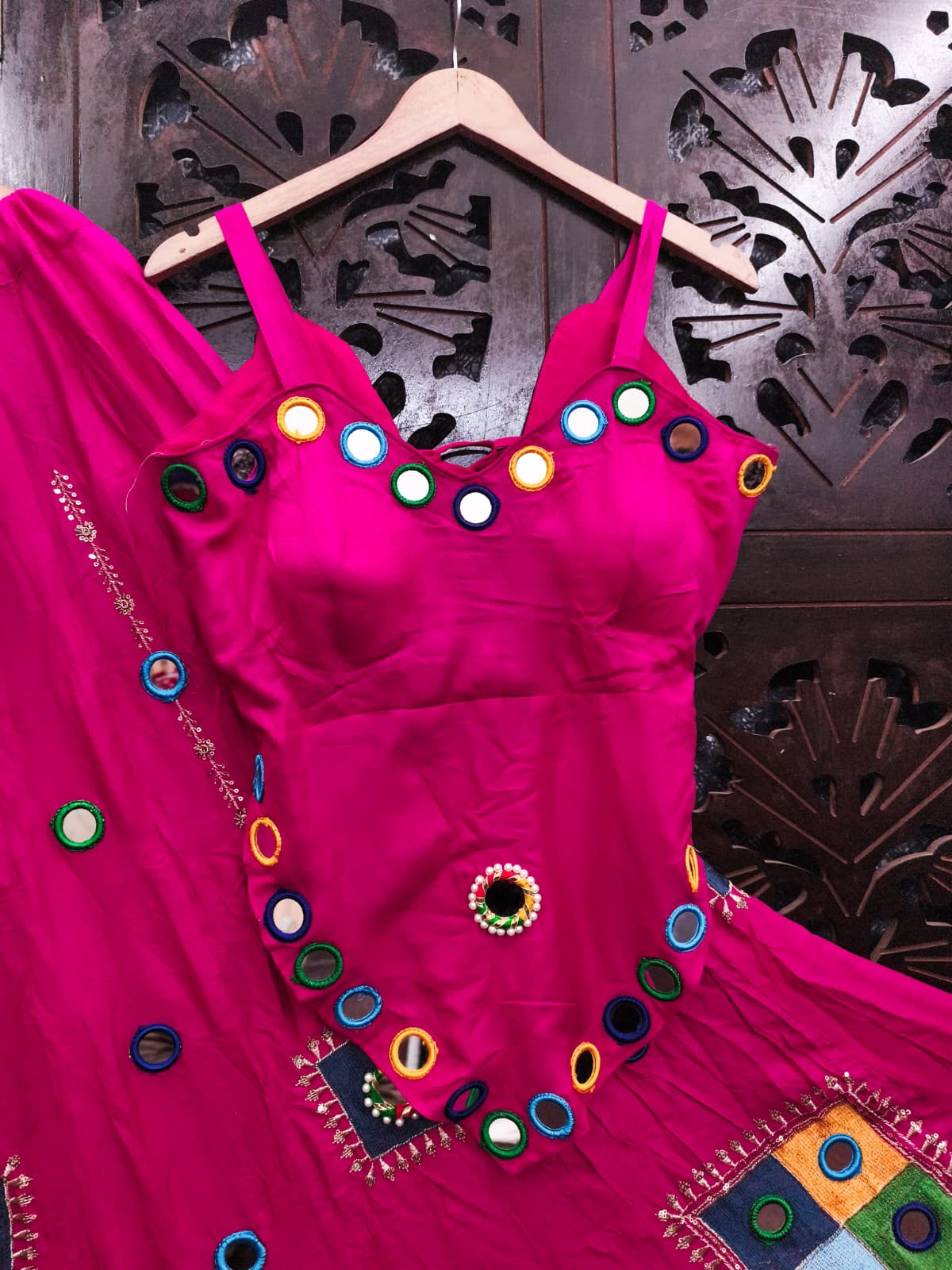 Rani Pink Pure Rayon Cotton Heavy Embroidery with Real Mirror Work Navratri Lehenga Choli