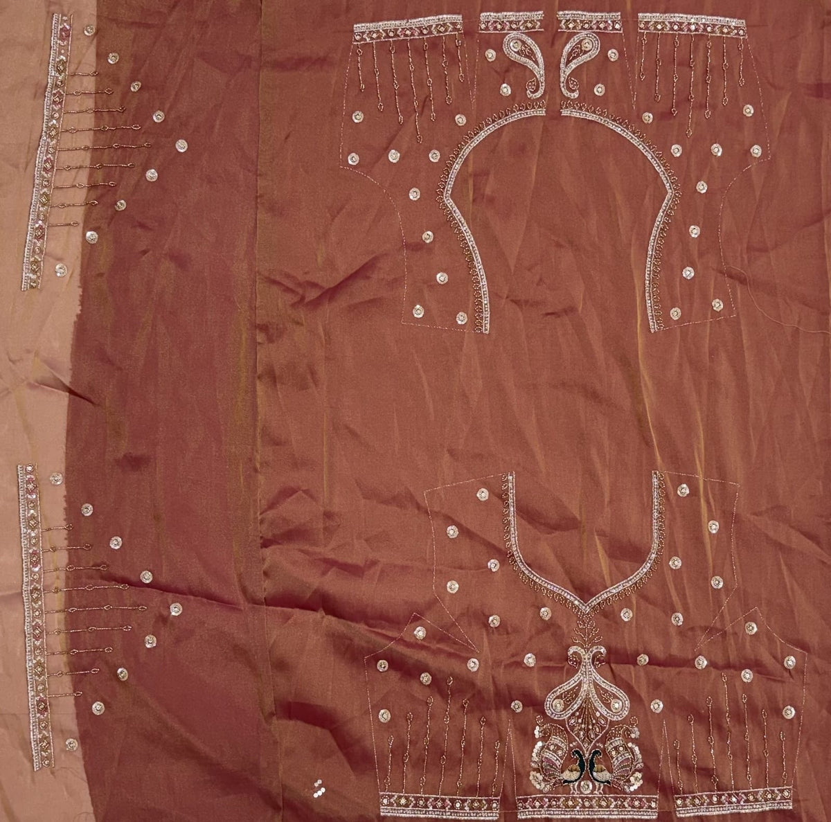 Brown Pure Chandnia Silk Handwork Motif Peacock Multi Thread & Sequins Work Bridal Lehenga Choli