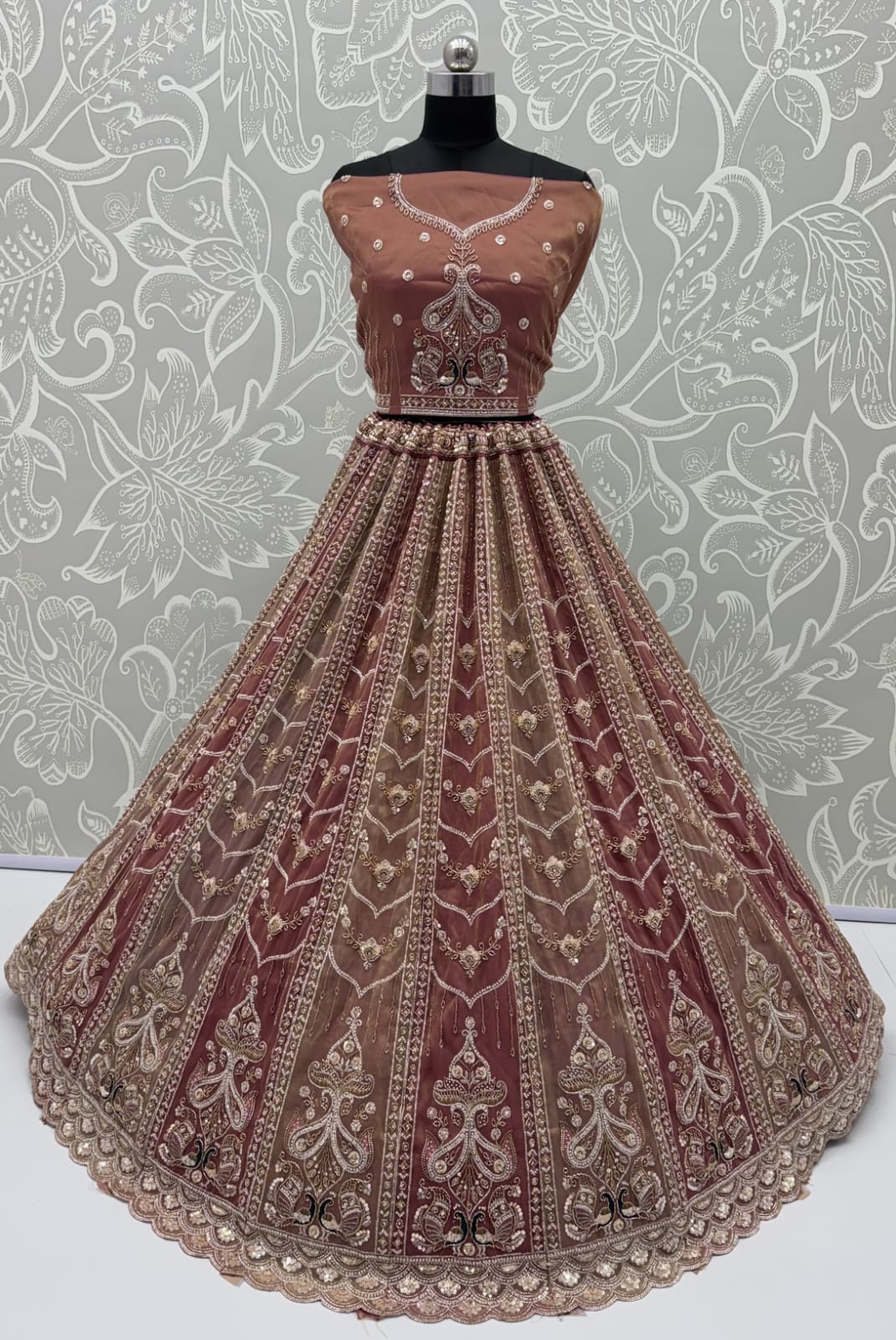 Brown Pure Chandnia Silk Handwork Motif Peacock Multi Thread & Sequins Work Bridal Lehenga Choli