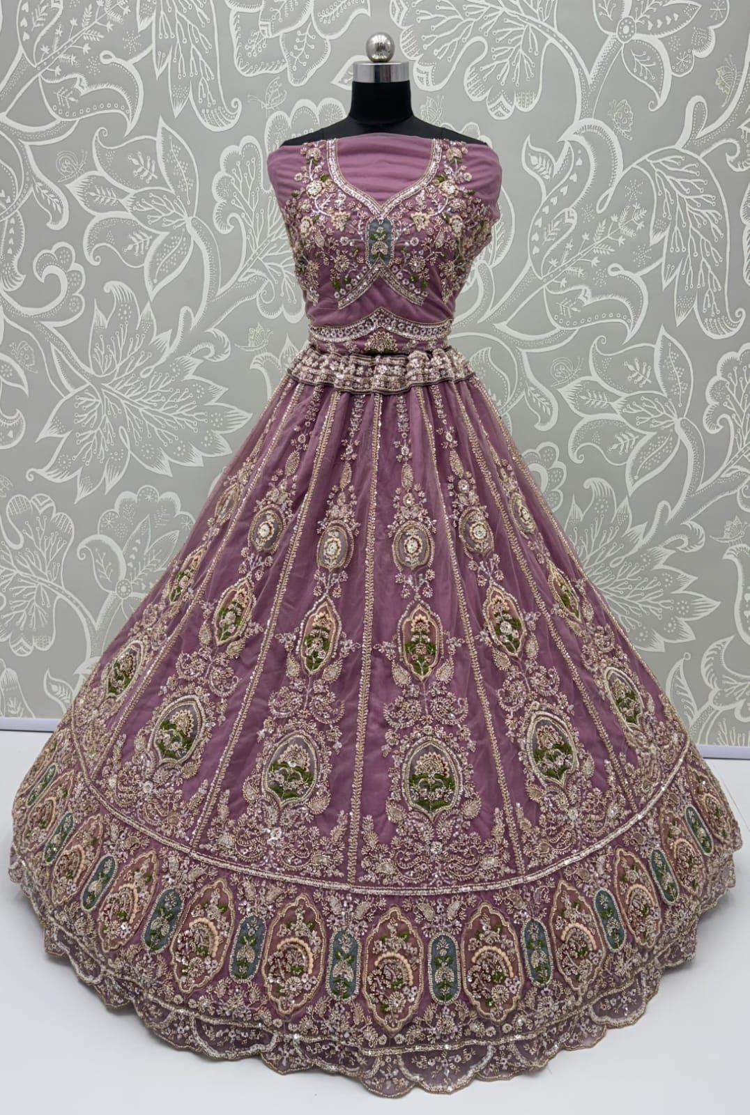 Lavender Pure Premium Net Handwork Motif Crystal Patch Multi Thread & Sequins Work Bridal Lehenga Choli