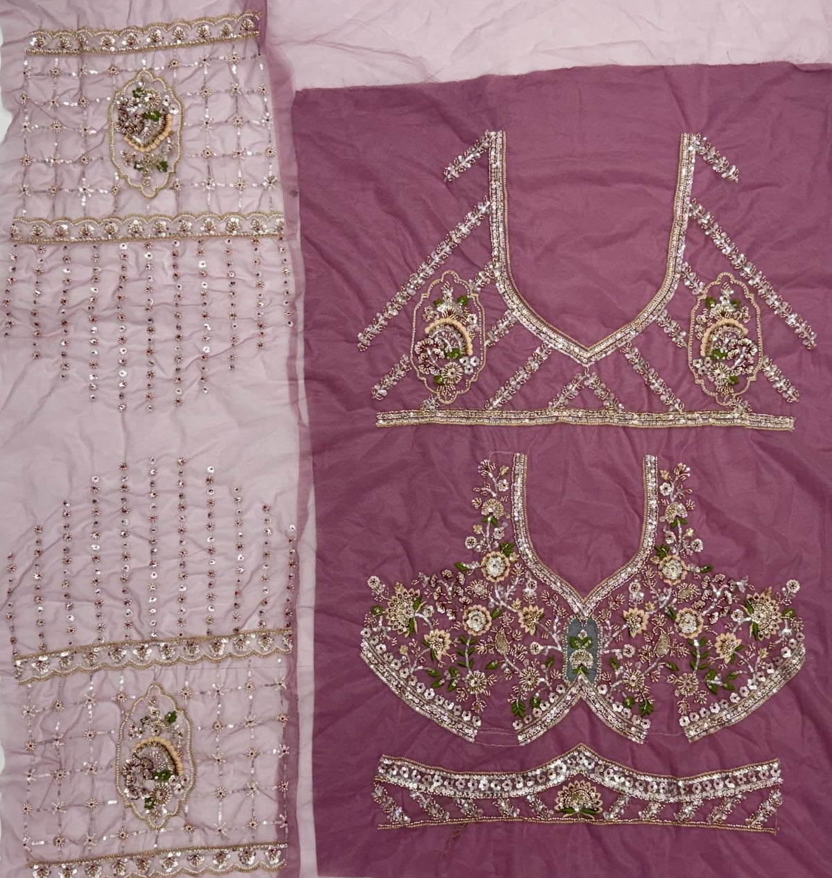 Lavender Pure Premium Net Handwork Motif Crystal Patch Multi Thread & Sequins Work Bridal Lehenga Choli