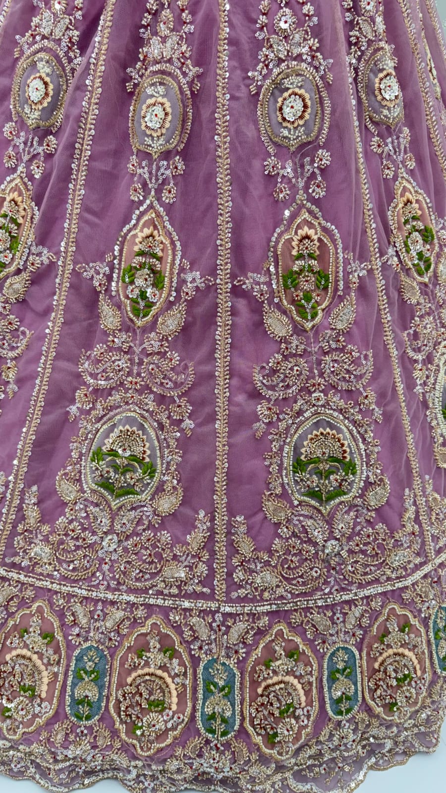 Lavender Pure Premium Net Handwork Motif Crystal Patch Multi Thread & Sequins Work Bridal Lehenga Choli