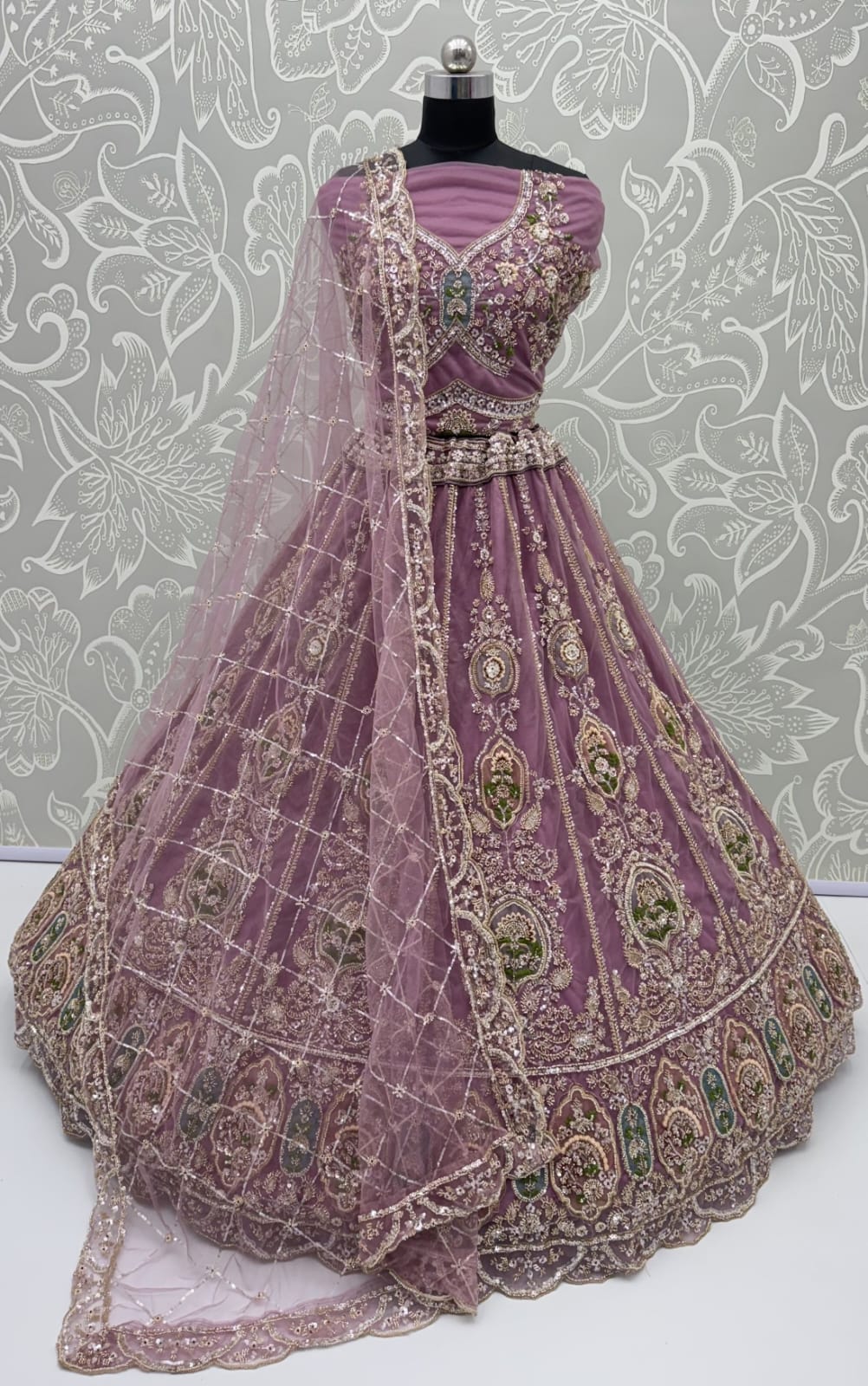 Lavender Pure Premium Net Handwork Motif Crystal Patch Multi Thread & Sequins Work Bridal Lehenga Choli