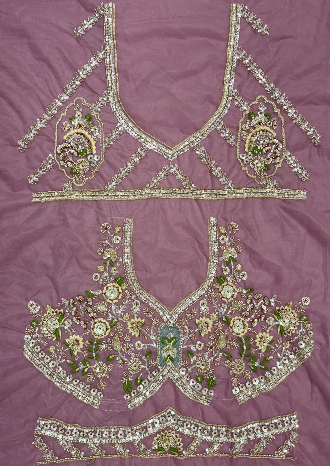Lavender Pure Premium Net Handwork Motif Crystal Patch Multi Thread & Sequins Work Bridal Lehenga Choli