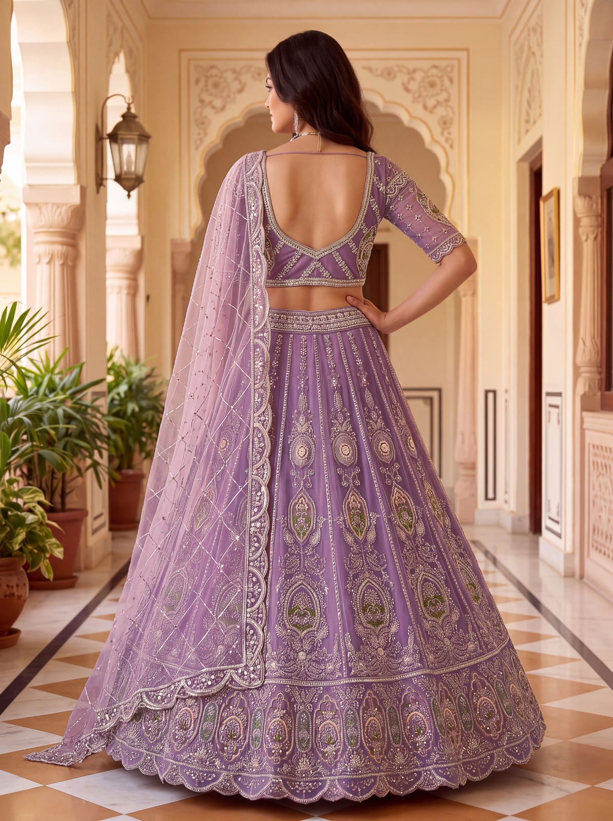 Lavender Pure Premium Net Handwork Motif Crystal Patch Multi Thread & Sequins Work Bridal Lehenga Choli