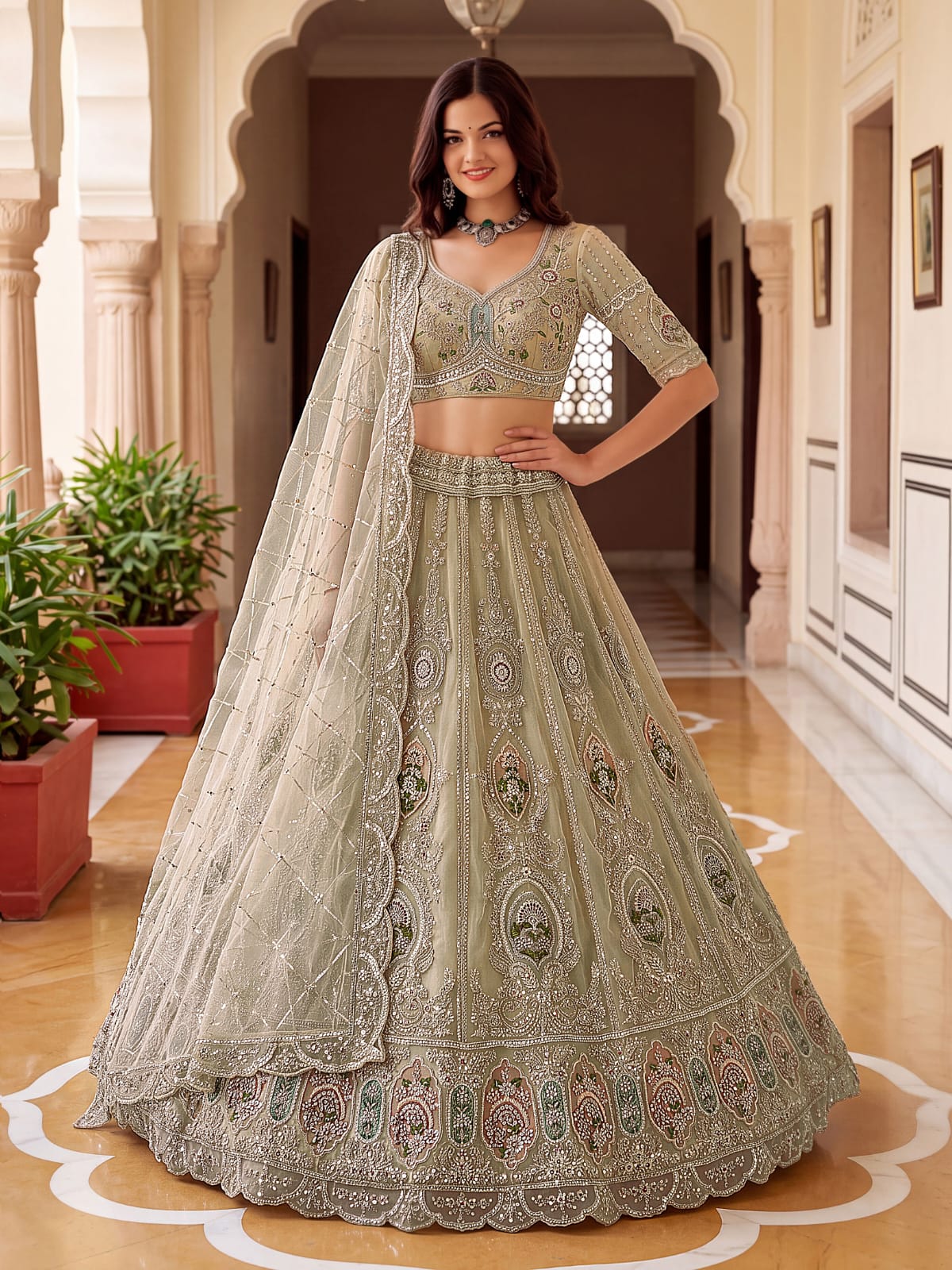 Beige Pure Premium Net Handwork Motif Crystal Patch Multi Thread & Sequins Work Bridal Lehenga Choli